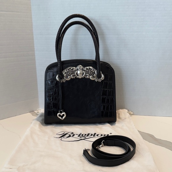 Brighton Chantilly Black Leather Croc Satchel Handbag Purse Tote W/Pewter - Picture 1 of 13